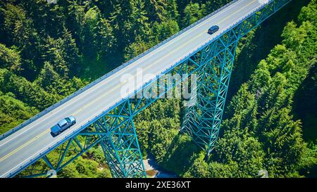 Vue aérienne du Blue Steel Bridge sur la forêt luxuriante avec car in Motion Banque D'Images