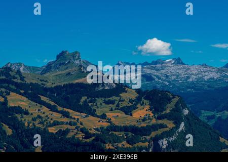 Vue panoramique depuis Fronalpstock des montagnes suisses sur le lac de Lucerne. Banque D'Images