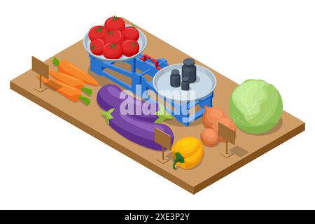 Balance isométrique. Vente de légumes et de fruits. Balance avec double casseroles. Bols d'écailles en équilibre. Bannière de poids d'étalonnage. Vendeurs Illustration de Vecteur