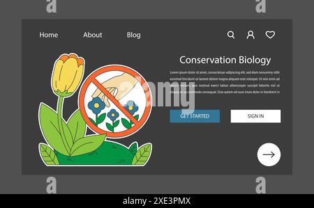 Conservation de la biodiversité mode nuit ou sombre bannière web ou page de destination. Fleurs en voie de disparition et panneau interdit de cueillette de fleurs. Biologie de la conservation. Protection de la flore. Illustration vectorielle plate. Illustration de Vecteur