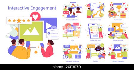 Ensemble d'engagement interactif. Techniques d'engagement numérique comme les sondages, les quiz et les visuels d'apprentissage gamifiés. Interaction avec le public dans les webinaires et les ebooks. Illustration vectorielle. Illustration de Vecteur