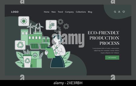 Concept de processus de production respectueux de l'environnement. Une femme surveille la fabrication durable en utilisant les énergies renouvelables et le recyclage. Opérations d'usine vertes avec panneaux solaires et éoliennes. Illustration vectorielle. Illustration de Vecteur