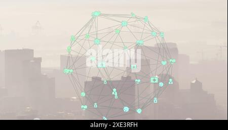 Image d'un globe d'icônes médicales tournant contre une vue aérienne du paysage urbain Banque D'Images