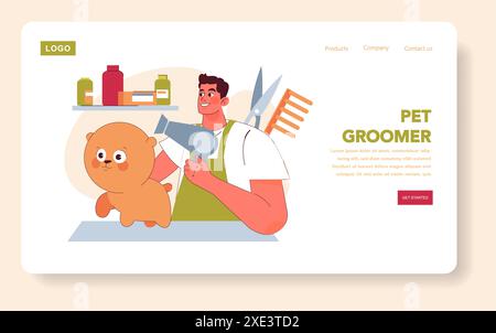 Concept PET Groomer. Toiletteur professionnel utilisant un sèche-cheveux sur un chien mignon pelucheux dans un salon de toilettage. Services de soins et d'hygiène pour animaux de compagnie. Illustration vectorielle. Illustration de Vecteur