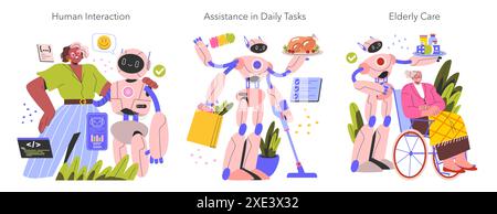 Kit d'assistants robotiques. Interaction futuriste IA, aide à l'épicerie, à la cuisine, au nettoyage et aux soins aux personnes âgées. Robots personnels intelligents dans les activités humaines. Illustration vectorielle. Illustration de Vecteur