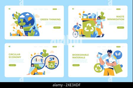 Ensemble économie circulaire. Pratiques de vie durables et conservation des ressources. Pensée écologique, minimisation des déchets et utilisation de matériaux biodégradables. Illustration vectorielle. Illustration de Vecteur