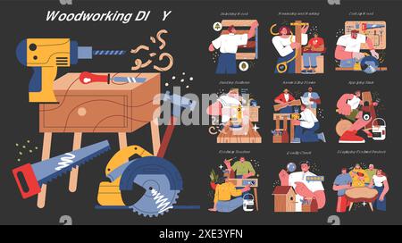 Concept de bricolage pour le travail du bois. Tutoriel étape par étape sur la création d'articles en bois, de la sélection des matériaux à l'affichage des projets finis. Illustration vectorielle. Illustration de Vecteur