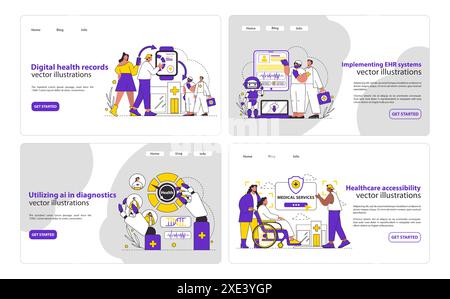 Ensemble de technologies numériques de santé. Professionnels de la santé gérant les dossiers électroniques et aidant les patients. Diagnostics innovants et accès amélioré aux soins. Illustration vectorielle. Illustration de Vecteur