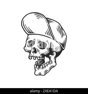 Tête de crâne dans l'illustration vectorielle de casquette de baseball. logo de chapeau de tête de mort. Isolé sur fond blanc. Illustration de Vecteur