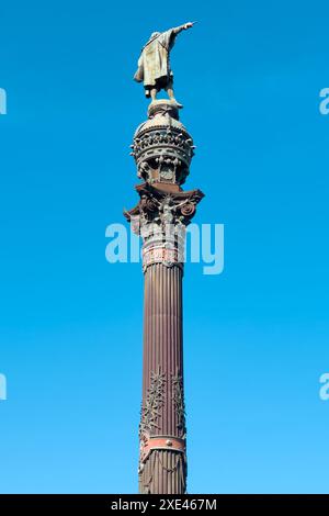 Monument de Christophe Colomb pointant vers l'Amérique, Barcelone, Espagne. Banque D'Images