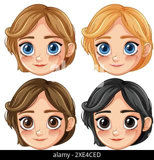 Quatre visages de fille de dessin animé avec différentes couleurs de cheveux Illustration de Vecteur