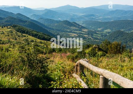 Essai de trekking à travers la nature sauvage et pittoresque en été dans les montagnes de Bieszczady, Carpates, Pologne. Banque D'Images