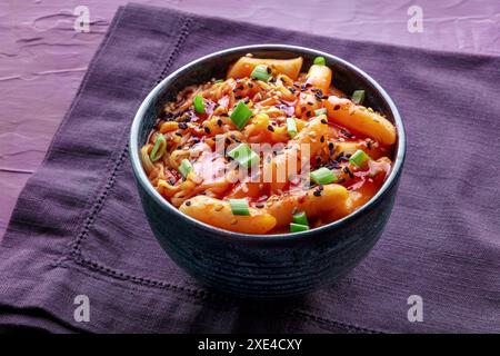 Rabokki, tteokbokki ou topokki avec ramen, cuisine de rue coréenne, gâteaux de riz épicés Banque D'Images