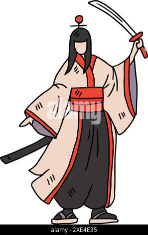 Un homme dans un kimono tenant une épée. Concept de force et de puissance, comme l'homme est habillé dans des vêtements japonais traditionnels et tient une arme. Le Illustration de Vecteur