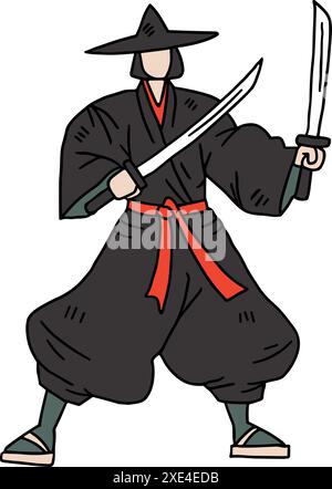 Un homme en costume de samouraï tenant deux épées Illustration de Vecteur