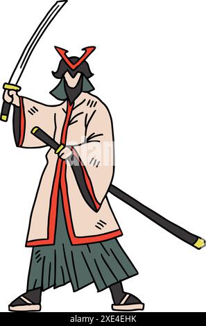 Un homme en kimono tient une épée. Il se tient debout, les bras croisés et la tête haute Illustration de Vecteur