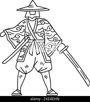 Un homme en kimono tient une épée. Il est vêtu de vêtements japonais traditionnels et est prêt pour la bataille Illustration de Vecteur