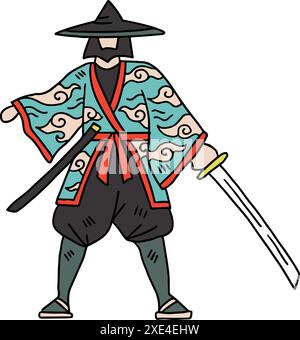 Un homme en kimono tient une épée. Il est vêtu de vêtements japonais traditionnels et est prêt pour la bataille Illustration de Vecteur