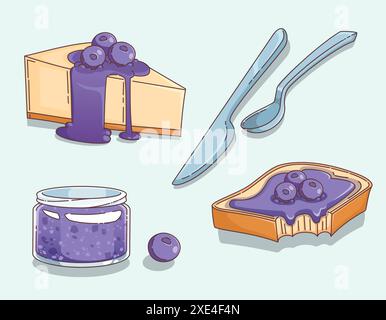 Confiture de myrtilles dans un bocal en verre, étaler sur pain grillé carré mordu et renversé sur un morceau triangulaire de cheesecake. Ensemble d'illustration vectorielle de dessin animé de marmelade douce de gelée de baies conserver et dessert. Illustration de Vecteur