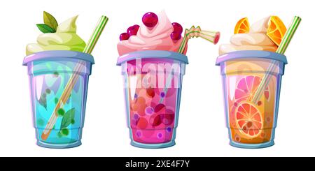 Tasses de thé à bulles ensemble isolé sur fond blanc. Illustration vectorielle de dessins animés de boissons fraîches boba avec de la menthe fraîche, cerise, orange, décorée avec de la crème fouettée, des fruits et de la paille, icônes de menu de café Illustration de Vecteur