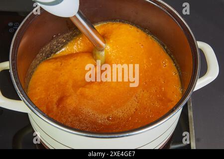 La femme au foyer mélange la soupe à la crème cuite avec le mélangeur à immersion sur la cuisinière électrique. Banque D'Images