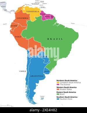 Régions géographiques d'Amérique du Sud, carte politique multicolore. Caraïbes Amérique du Sud, Guyane, États andins, Brésil et cône Sud. Banque D'Images
