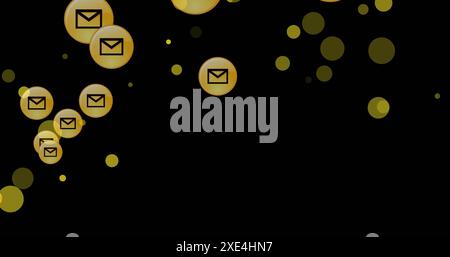 Image de taches jaunes et plusieurs icônes de message flottant sur fond noir, espace de copie Banque D'Images