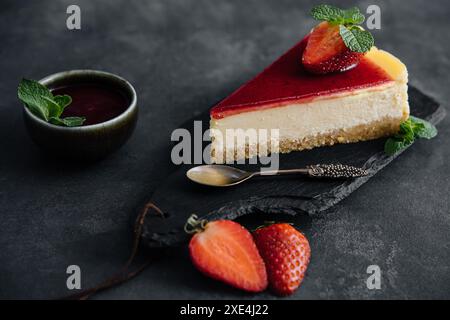 Tranche de cheesecake à la fraise gros plan sur un sombre Banque D'Images