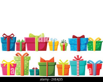 Coffrets cadeaux, cadeaux isolés sur blanc. Enveloppé coloré. Vente, concept shopping. Collection pour boîte-cadeau d'anniversaire, Noël. Pour Vector Cartoon Flat Illustration de Vecteur