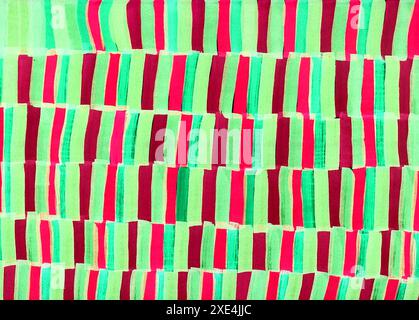 Arrière-plan abstrait de bandes verticales répétées. Différentes nuances de vert, rose, rouge. Couleur vert menthe. Les rayures sont inégales, dessinées à la main, formant un motif. Banque D'Images