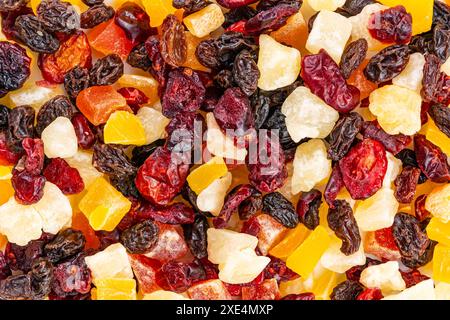 Vue de dessus de divers fruits tropicaux séchés fond. Banque D'Images