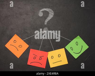 Visages dessinés avec des émotions différentes sur un autocollant et attachés à un tableau de craie. Notation et évaluation de la qualité Banque D'Images