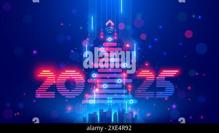 Affiche de Noël avec arbre de noël, chiffres 2025 dans le style de technologie électronique. Nouvel an, joyeux noël carte de félicitations dans cyber Computer des Illustration de Vecteur