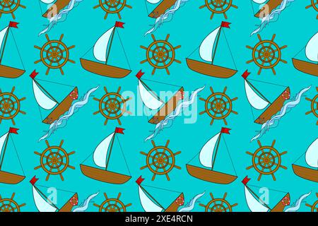 Motif sans couture vibrant avec des navires et des gouvernails. Parfait pour les conceptions estivales et les projets sur le thème marin. Illustration de Vecteur