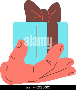 Main humaine tenant la boîte-cadeau enveloppée avec l'illustration isométrique de vecteur d'icône surprise de vacances d'arc. Dessin animé bras masculin festive cadeau paquet anniversaire an Illustration de Vecteur