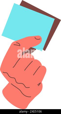 Main de dessin animé masculin tenant mémo note papier de carte de visite rappel icône vecteur plat illustration. Bras humain affichant une notice d'information de feuille vierge vide Illustration de Vecteur