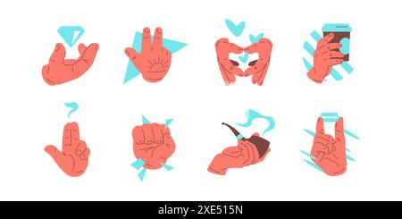 Mains de dessin animé humain montrant différentes choses et gestuelle grand ensemble illustration plate de vecteur d'icône. Bras masculins tenant le café en forme de coeur en cristal de diamant Illustration de Vecteur