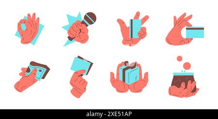 Mains de dessin animé humain différents gestes tenant des trucs Big Set illustration plate de vecteur d'icône. Bras masculins montrant OK OK carte bancaire microphone argent Illustration de Vecteur