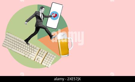 Homme d'affaires court sur un clavier vers un smartphone avec un cœur sur l'écran, laissant une bière derrière, symbolisant l'équilibre travail-vie privée Banque D'Images