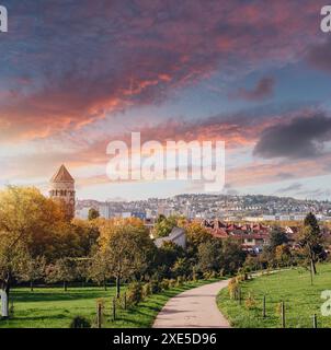 Allemagne, Stuttgart vue panoramique. Belles maisons en automne, ciel et paysage de la nature. Vignobles à Stuttgart - vin coloré g Banque D'Images