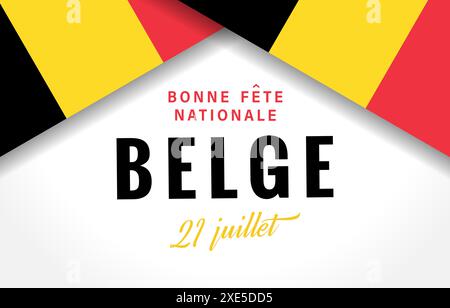 Bonne fête nationale Belgique 21 juillet modèle de carte postale en français. Cadre 3D drapeau belge avec masque de découpage, fond blanc. Design typographique. Isolé Illustration de Vecteur