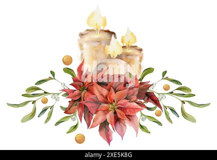 Bougies avec fleur de poinsettia, branches de gui et baies. Aquarelle illustration dessinée à la main, composition isolée sur blanc. Noël, heureux nouveau Banque D'Images
