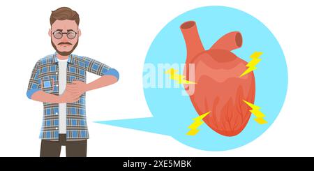 Illustration conceptuelle plate 3D des symptômes de crise cardiaque, homme malade avec douleur thoracique illustration conceptuelle plate 3D du cœur à Banque D'Images