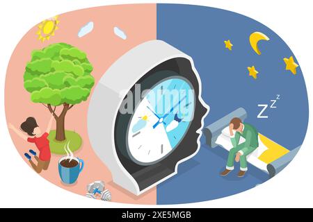 3D Isomtric Flat illustration conceptuelle du rythme circadien, processus biologique naturel sommeil-réveil concept 3D Isomtric Flat Banque D'Images