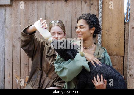 Junge Frauen geben einem Lamm eine Milchflasche auf dem Arm, Nordseeinsel Borkum, 18.05.2024. Aufzucht von Laemmern, Lamm. Borkum Deutschland *** Youn Banque D'Images