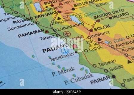 Carte de la ville de Padang, la capitale de la province de Sumatra Ouest qui est située sur la côte ouest de l'île de Sumatra, Indonésie Banque D'Images