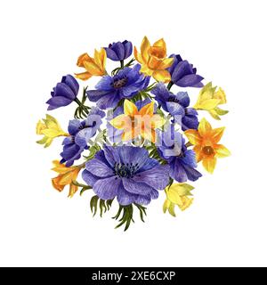 Illustration florale à l'aquarelle. Composition florale à partir de fleurs anémones et jonquilles Banque D'Images