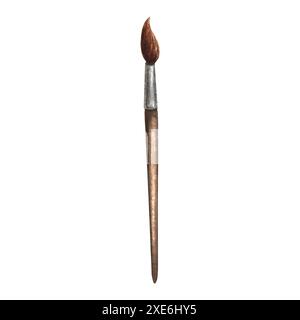 Pinceau avec pointe marron et manche woden pour obtenir Articles de papeterie. Illustration d'aquarelle dessinée à la main isolée. Fournitures pour atelier créatif Banque D'Images