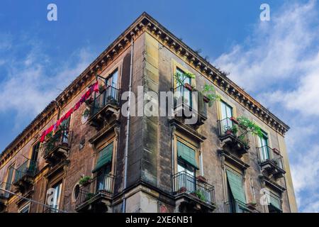 Architecture traditionnelle de maison avec balcons en fer avec des fleurs et une façade légèrement délabrée, Catane, Sicile, Italie, Méditerranée, Europe Copyri Banque D'Images