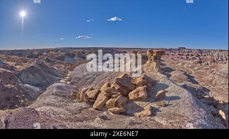 Un hoodoo de roche solitaire dans les badlands violets près de Hamilili point à l'extrémité sud du parc national Petrified Forest, Arizona, États-Unis d'Amérique Banque D'Images